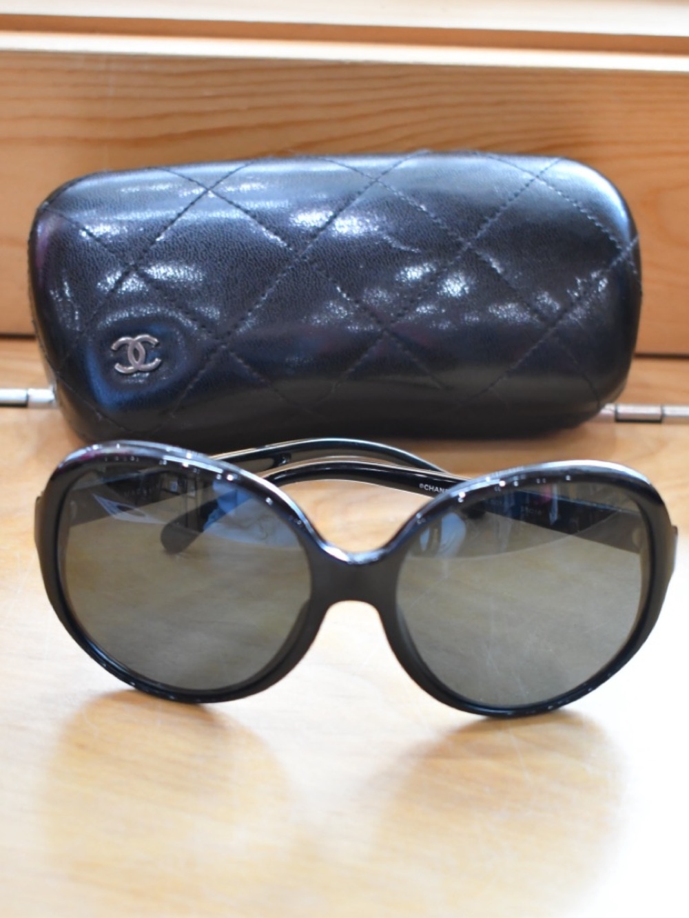 CHANEL Sunglasses Black with Gold Trim & Quilted Leather Case